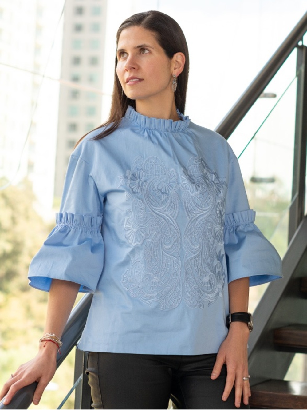 Ted Baker Sky Blue Ruffle Sleeve Embroidered Blouse
